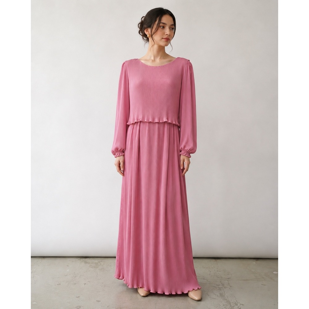 Themes Vintage 70s Pink Pleated Layered Maxi Dress Size 16 Long‎ Sleeve Gown